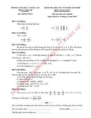 Đề kiểm tra học kỳ I môn Toán Lớp 7 - Năm học 2019-2020 - Phòng giáo dục và đào tạo Thị xã Phú Mỹ (Có đáp án)
